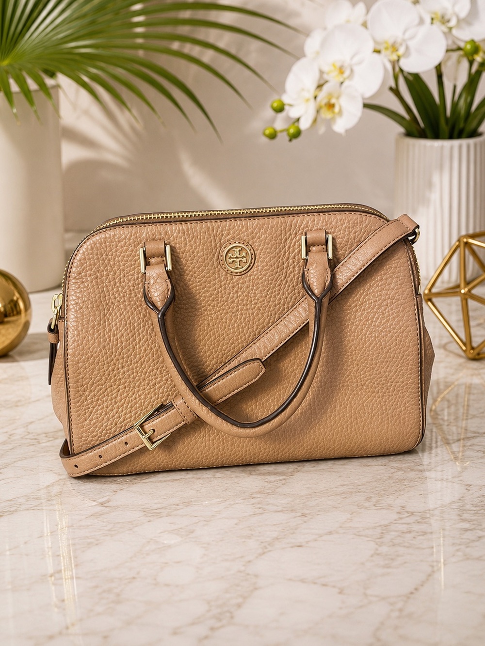 Tory Burch Tan Pebbled Leather Satchel with Shoulder Strap